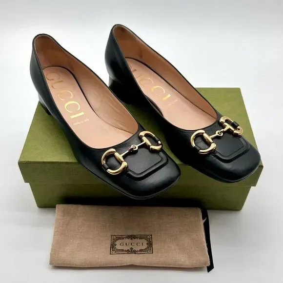 Gucci Baby Horsebit Black Leather Flats Pumps Square Toe EU 41 US 11 - Picture 1 of 14